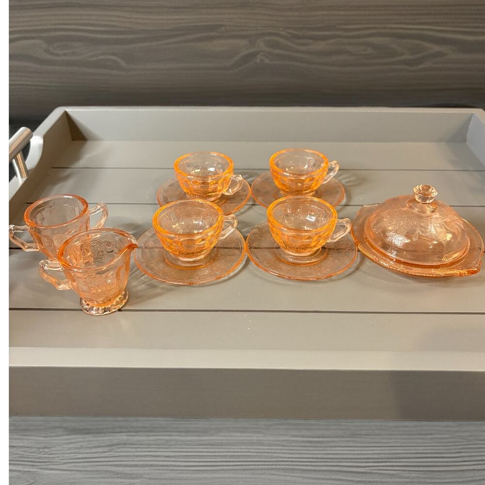 1930's  12 pcs of  Pink Depression Glass Mini Child Tea Set